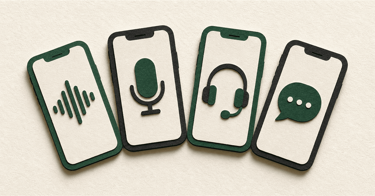 Paper-cut illustration of four smartphones arranged in a semi-circle, each showing a different AI voice icon, comparing AI receptionist platforms for service businesses.