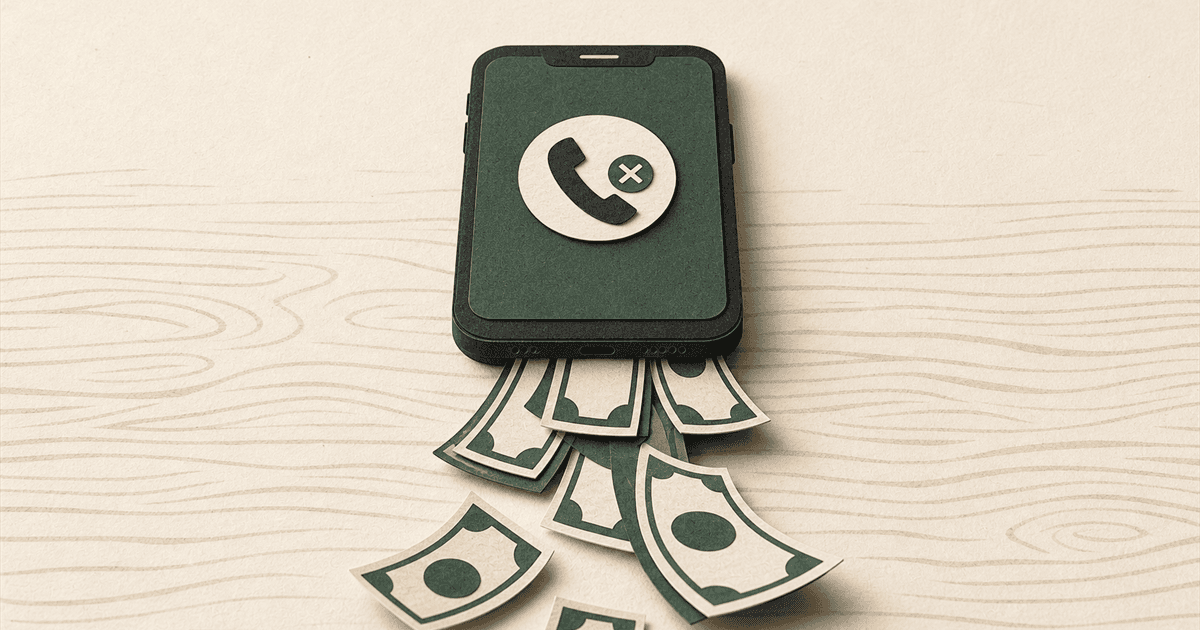 Paper-cut illustration of a smartphone with a missed call notification and paper bills spilling out, showing the cost of missed calls to a service business.