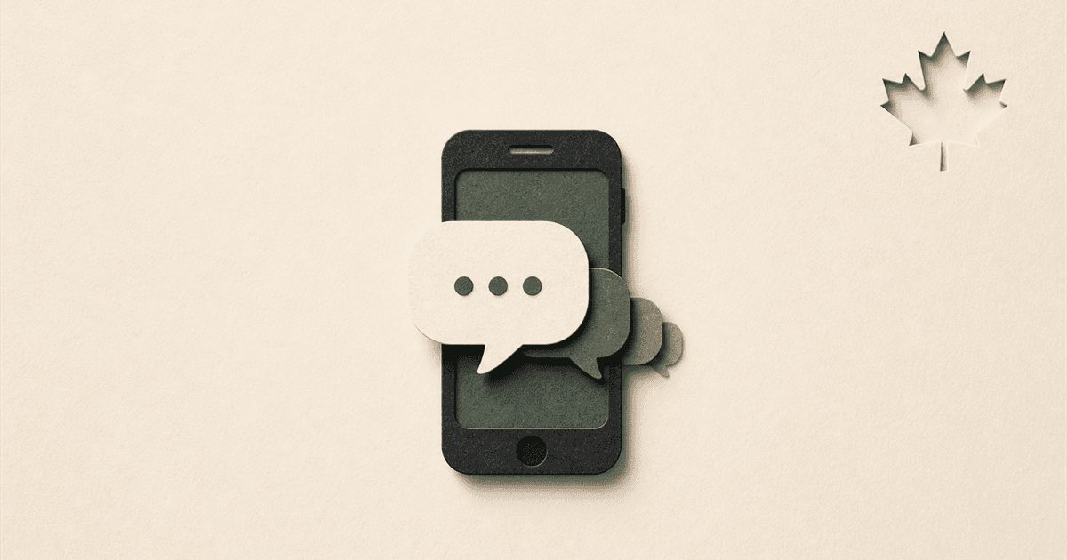 Paper-cut illustration of a smartphone with a text-message bubble blooming from the screen and a small maple leaf in the corner, illustrating missed-call text-back for Canadian service businesses.