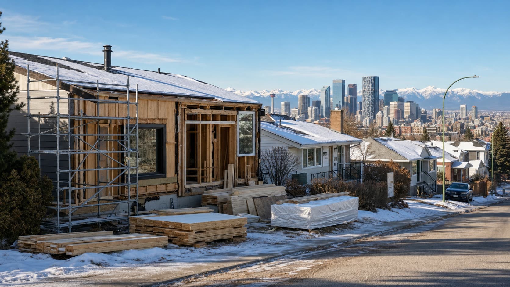 Calgary residential renovation project in Mount Pleasant with Calgary skyline and Rocky Mountains on the horizon