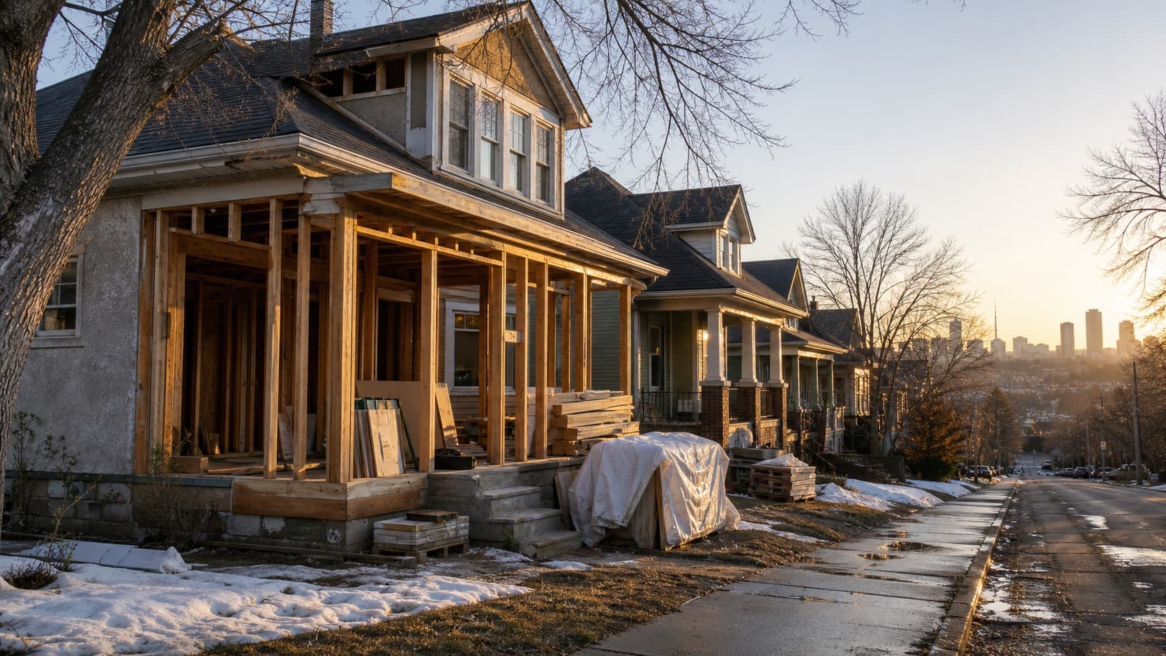 Edmonton residential renovation project in Westmount with downtown skyline in distance
