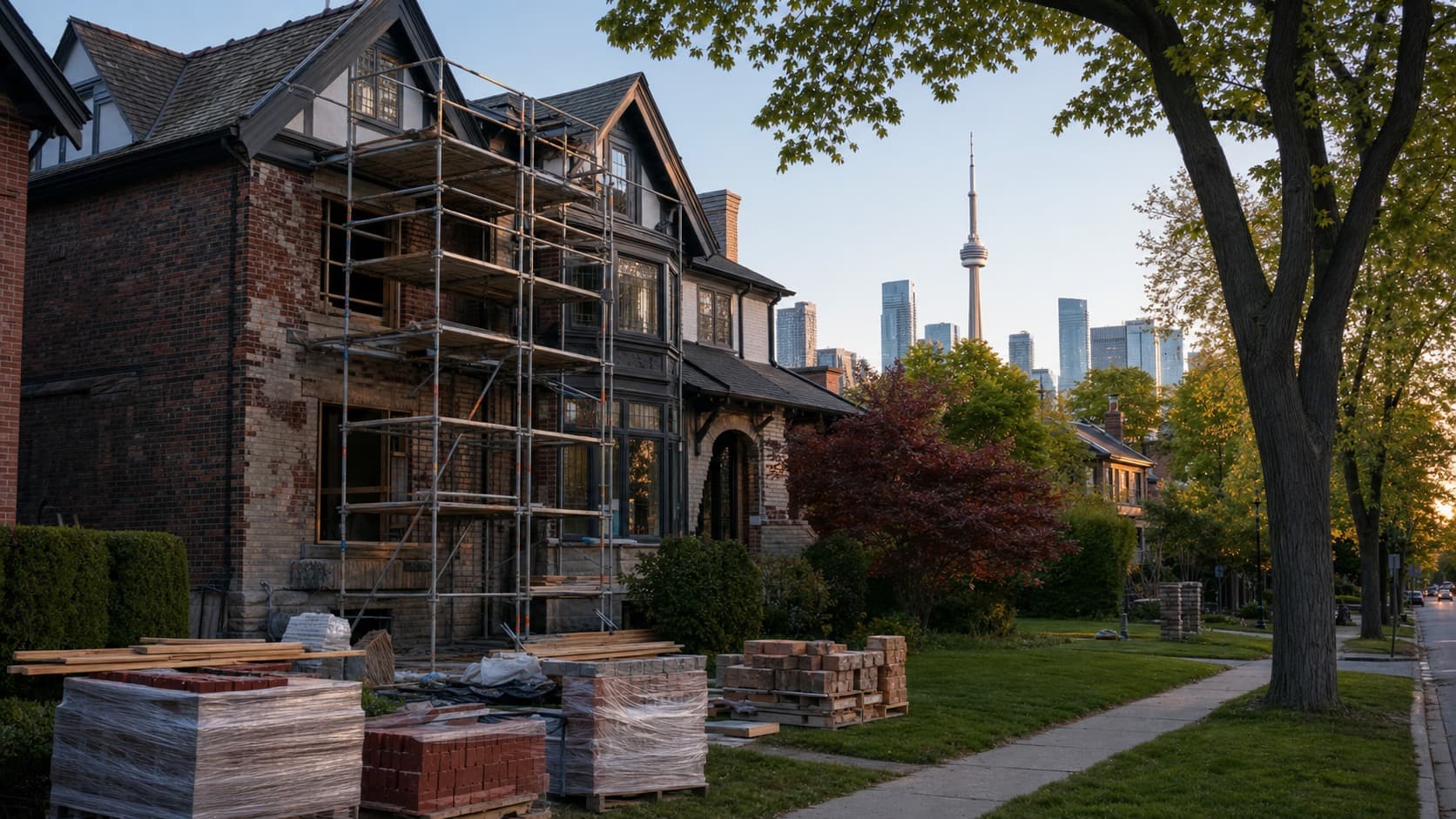 Toronto residential renovation project on a tree-lined Leaside street with the CN Tower and downtown skyline in distance