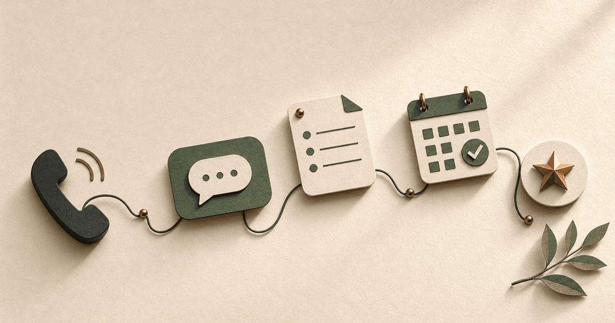 Paper-cut illustration of a missed call turning into text-back, intake, booking, and review follow-up for a service business.