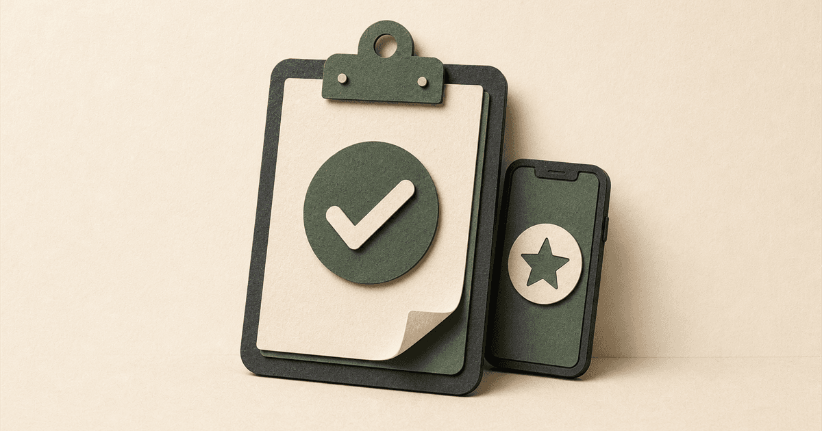 Paper-cut illustration of a clipboard with a checkmark and a smartphone with a five-pointed review star, illustrating CASL-compliant Google review request SMS templates.