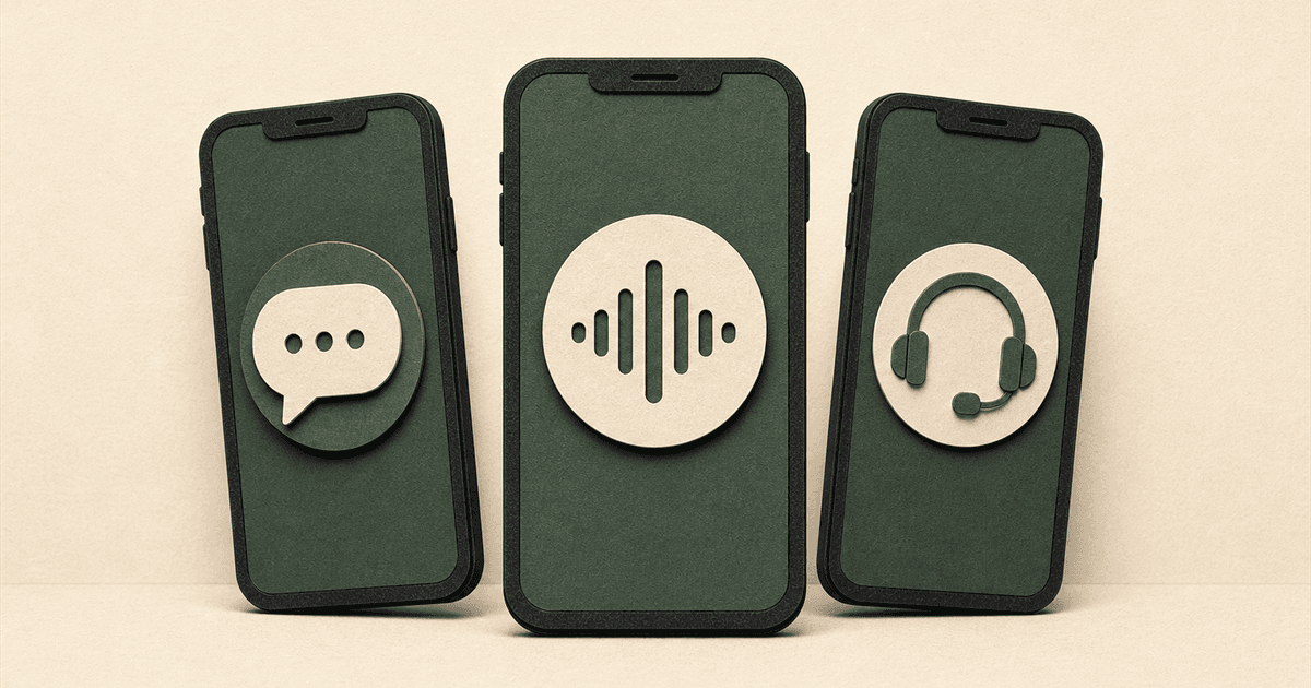 Paper-cut illustration of three smartphones in a row representing missed-call text-back, AI receptionist, and answering service options compared side by side.