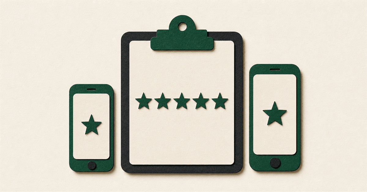 Paper-cut illustration of a clipboard with a five-star row cut into it, flanked by smartphones showing star icons, comparing review generation platforms for service businesses.